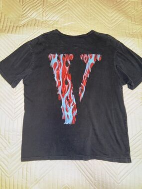 VLONE Black T-Shirt with Red & Light Blue Flame V Graphic